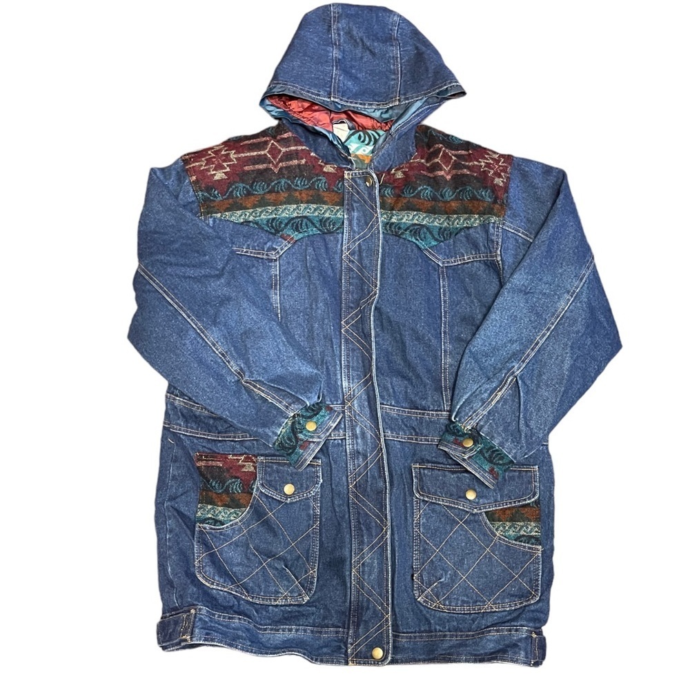 Vintage Out Brook South West Country‎ Tribal Print Ranch Chore Heavy Denim Coat